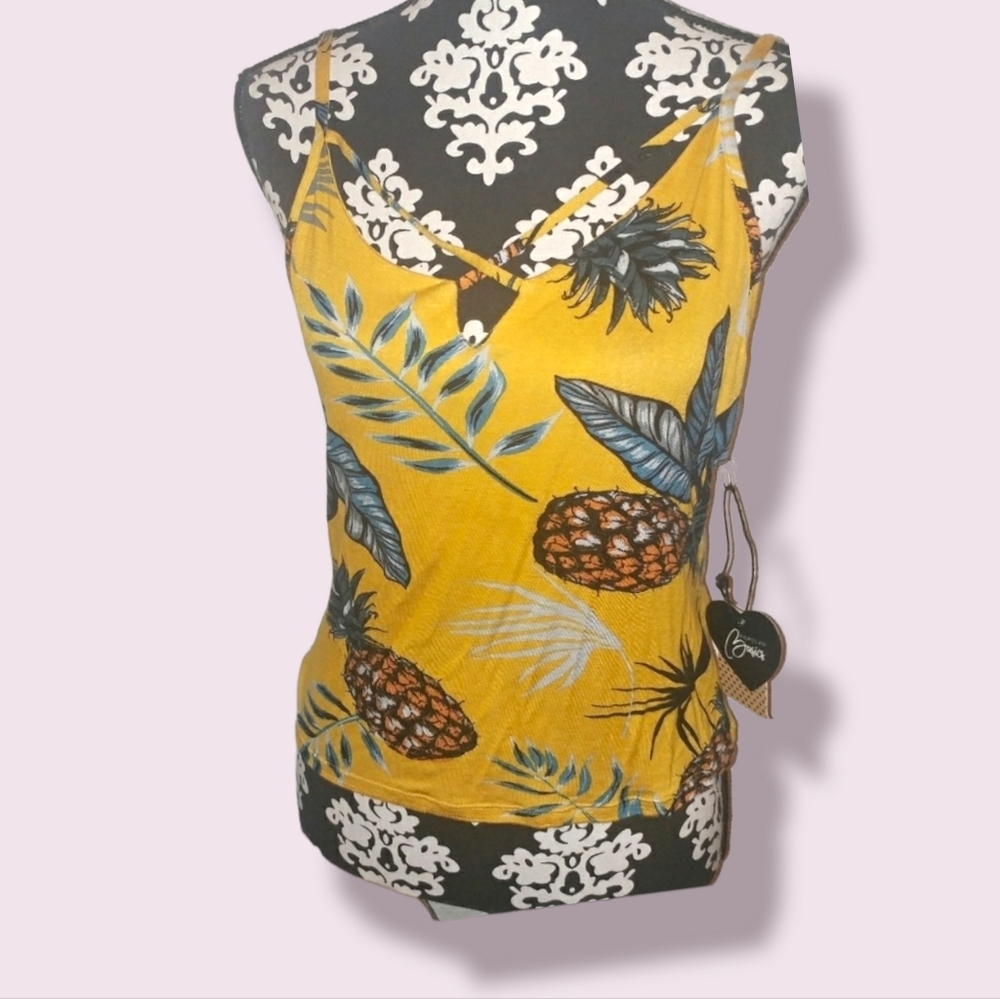 NWT 《 Popular Basics 》 Soft Yellow Printed Pineapple Strappy Lined Tank Top XL